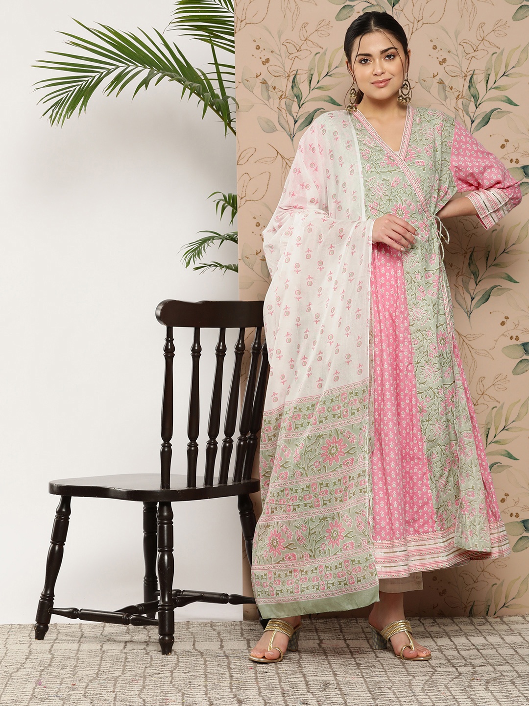 

KALINI Floral Printed Angrakha Gotta Patti Pure Cotton Kurta With Dupatta, Peach