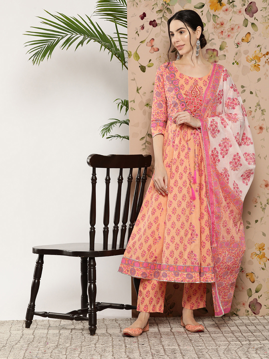

KALINI Ethnic Motifs Printed Gotta Patti Pure Cotton Kurta With Trousers & With Dupatta, Peach