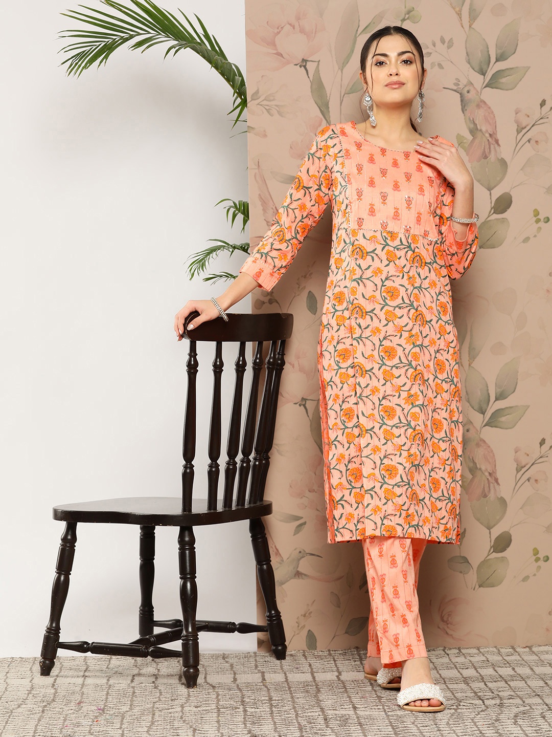 

KALINI Ethnic Motifs Printed Gotta Patti Pure Cotton Kurta With Trousers, Peach