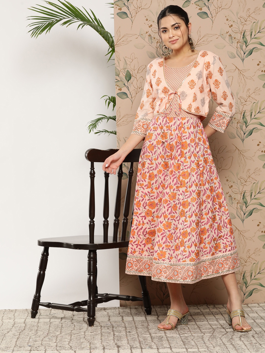 KALINI Ethnic Motifs Printed Tie-Ups Gown Dress, Peach