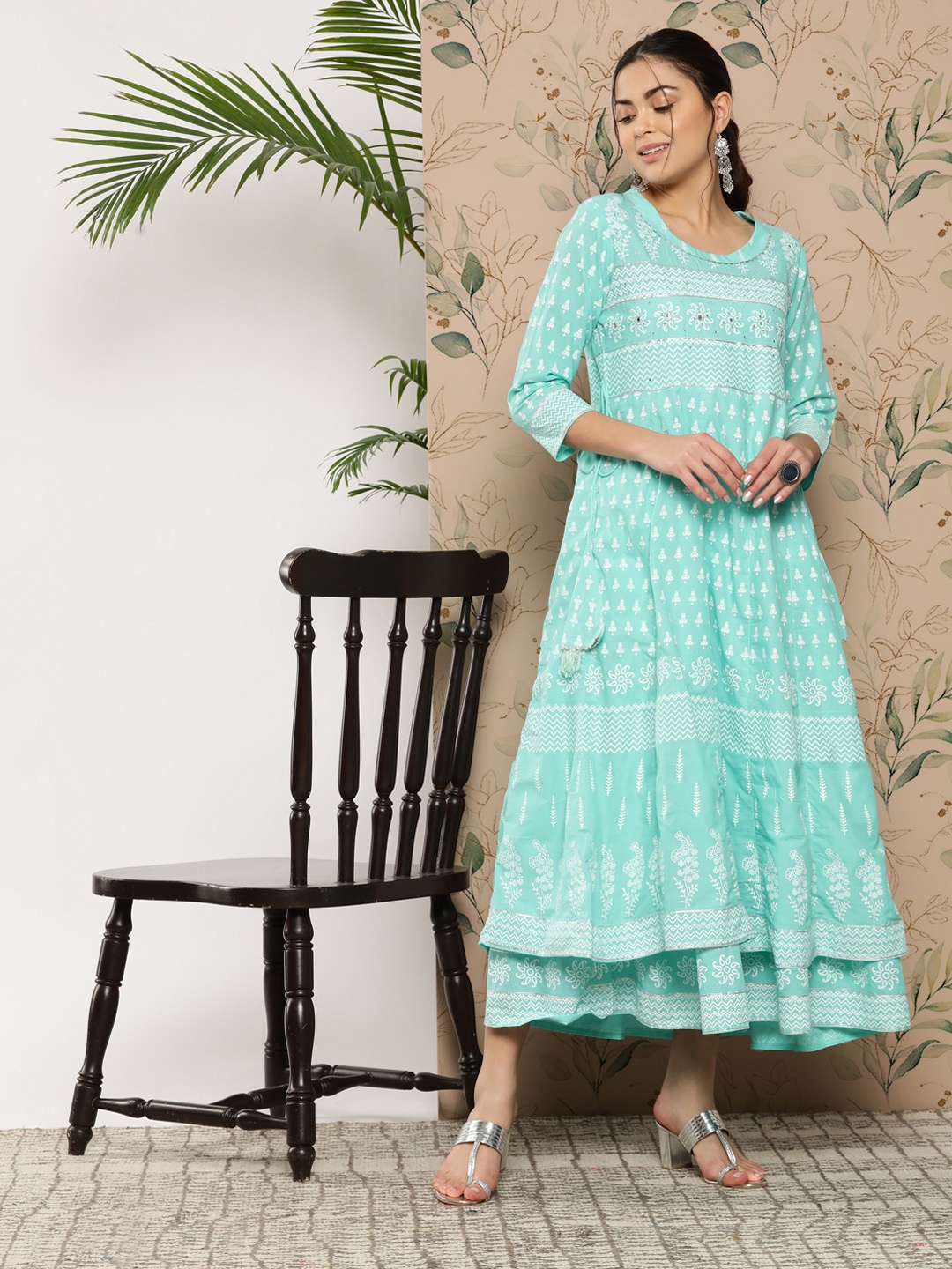 

KALINI Ethnic Motifs Printed Layered Gown Dress, Turquoise blue