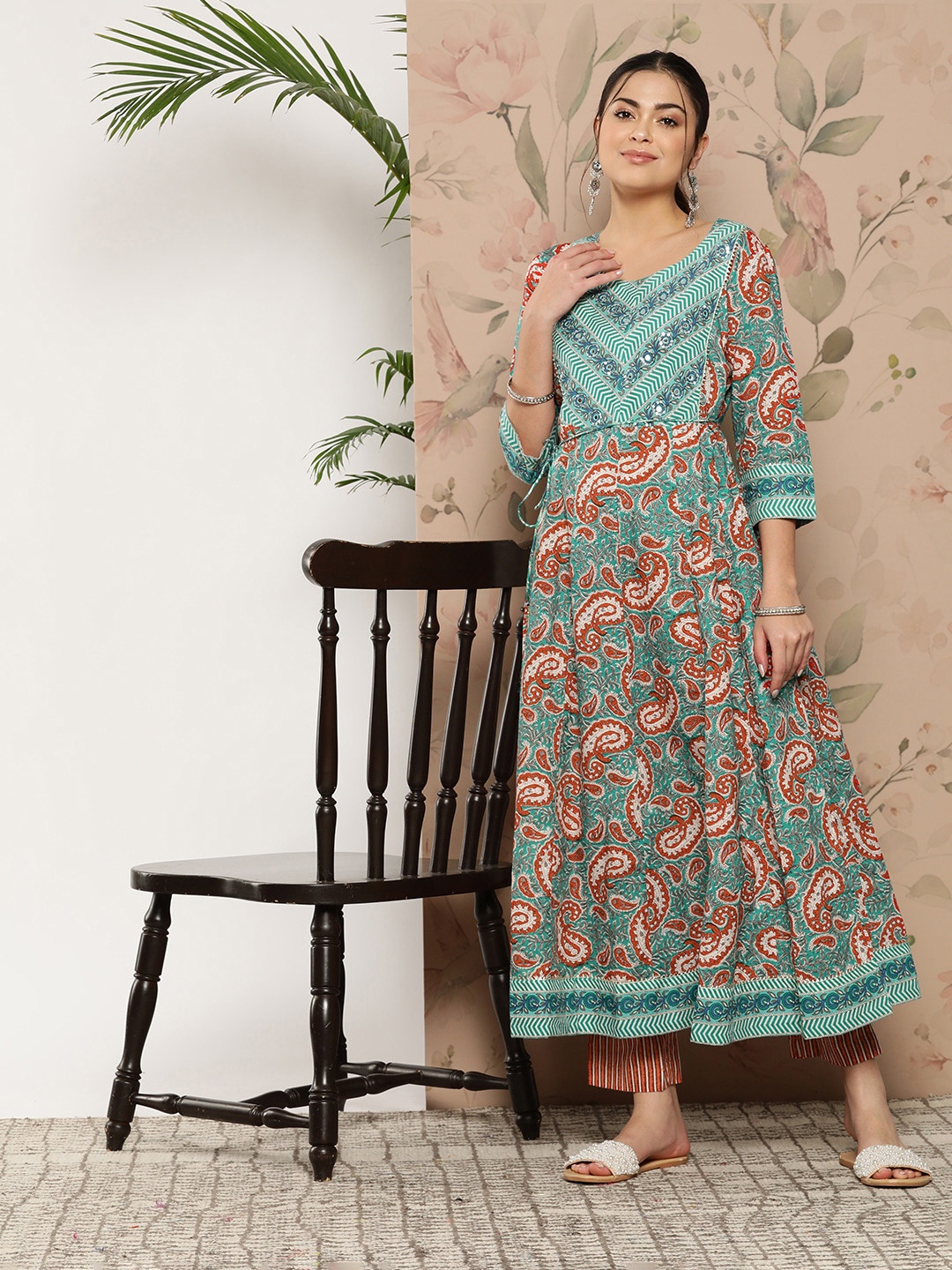 

KALINI Ethnic Motifs Printed Mirror Work Pure Cotton Kurta With Trousers, Turquoise blue