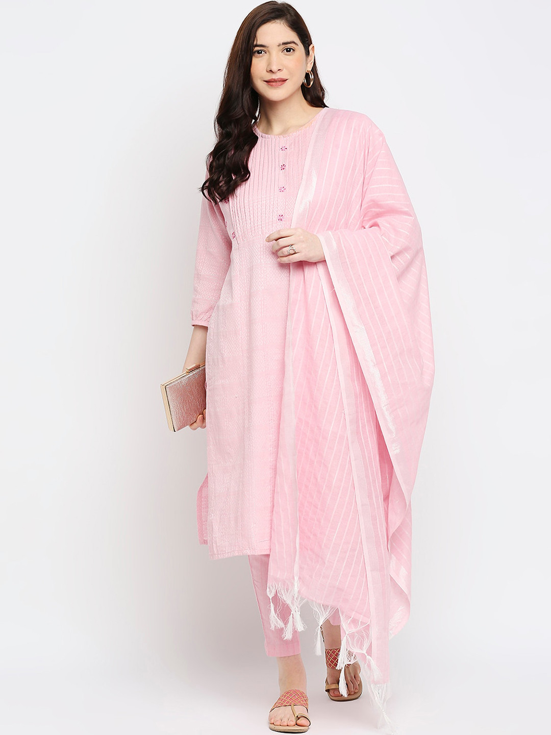 

ZRI Women Woven Design Thread Work Pure Cotton Kurta with Trousers & Dupatta, Pink