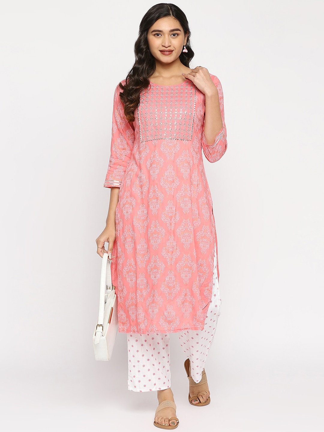

ZRI Women Ethnic Motifs Printed Sequinned Kurta with Palazzos, Pink