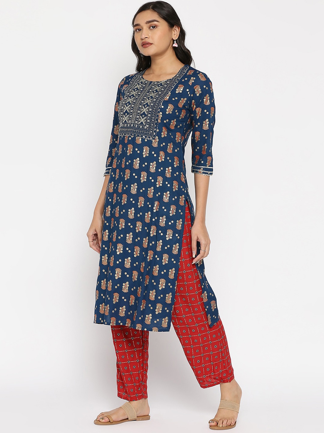 

ZRI Women Floral Printed Thread Work Kurta with Trousers, Teal