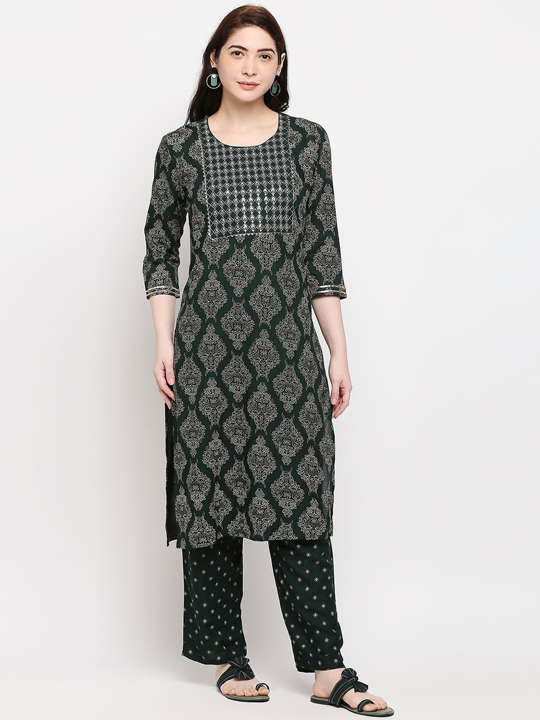 

ZRI Women Ethnic Motifs Printed Kurta with Trousers, Green