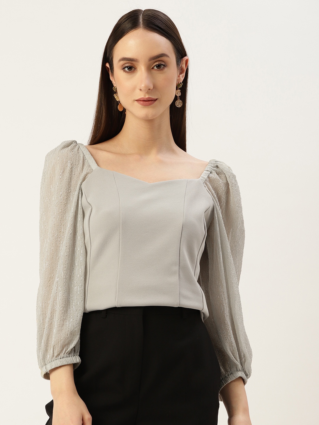 

Madame Sweetheart Neck Puff Sleeves Top, Grey