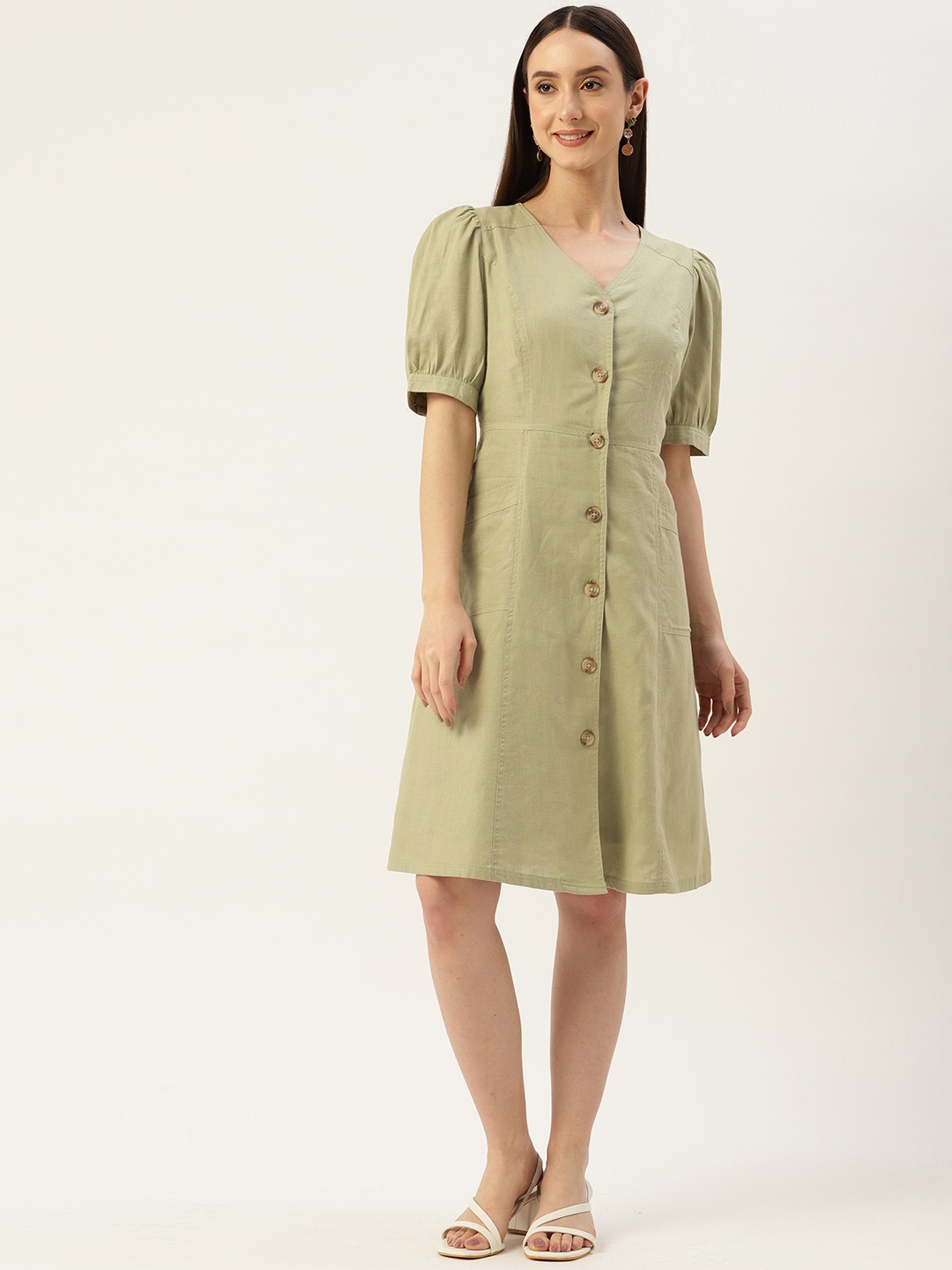 

Madame Solid Puff Sleeves A-Line Dress, Green