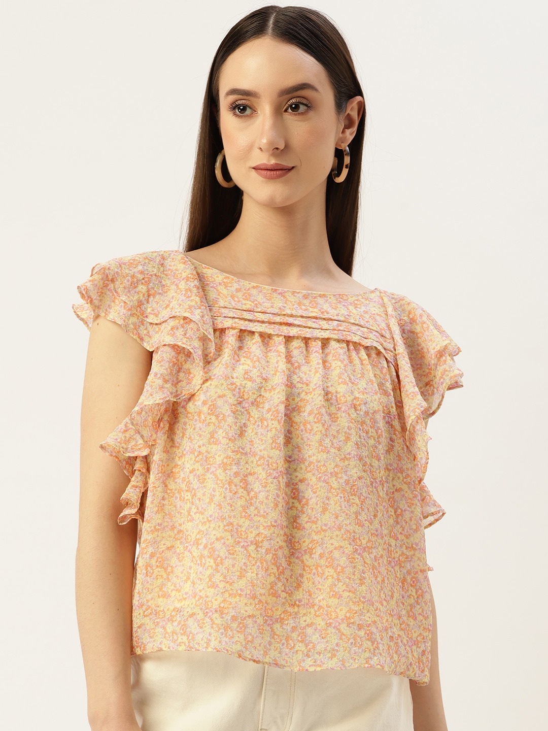 

Madame Floral Print Flutter Sleeves Top, Yellow