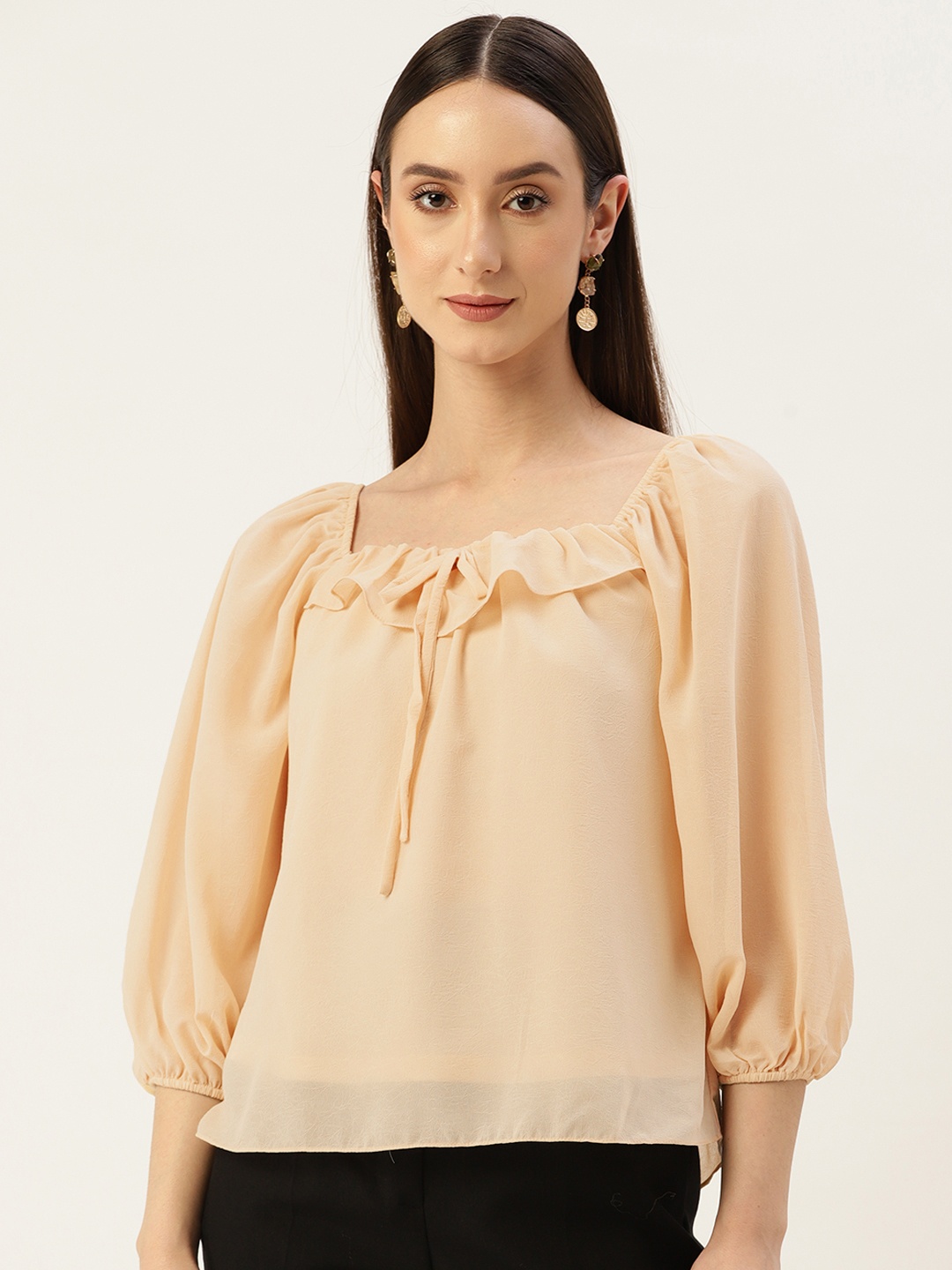 

Madame Square Neck Puff Sleeves Crinkled Effect Top, Cream