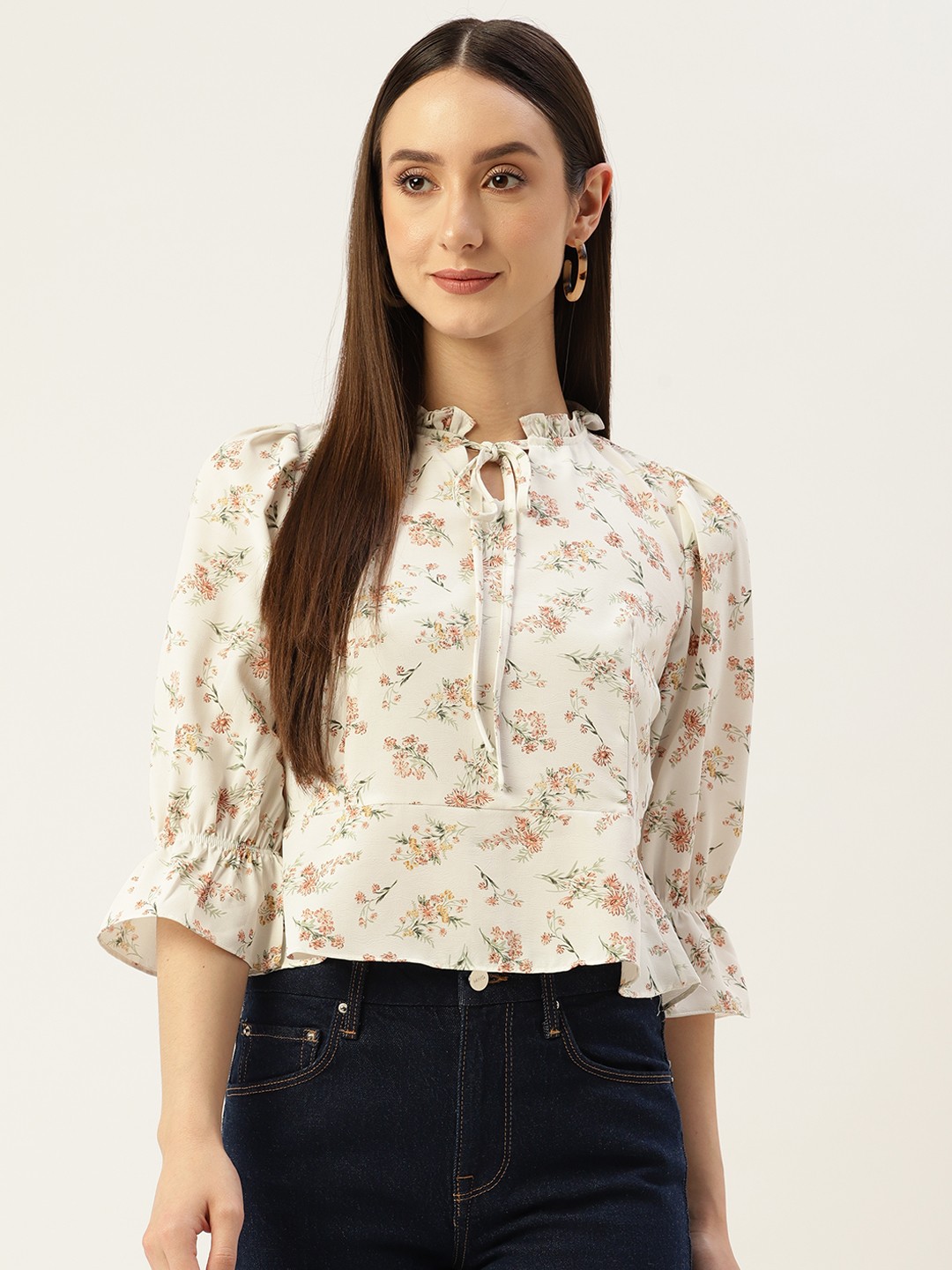

Madame Floral Print Tie-Up Neck Top, Off white