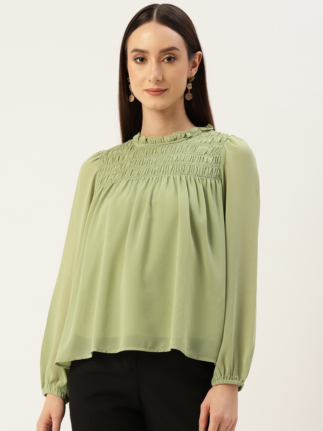

Madame Smocked Yoke Puff Sleeves Top, Green
