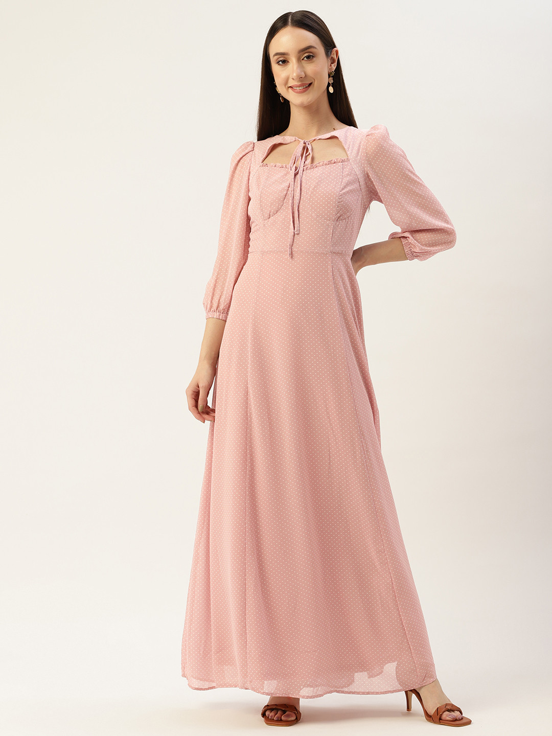 

Madame Dotted Print Tie-Up Neck Maxi Dress, Pink
