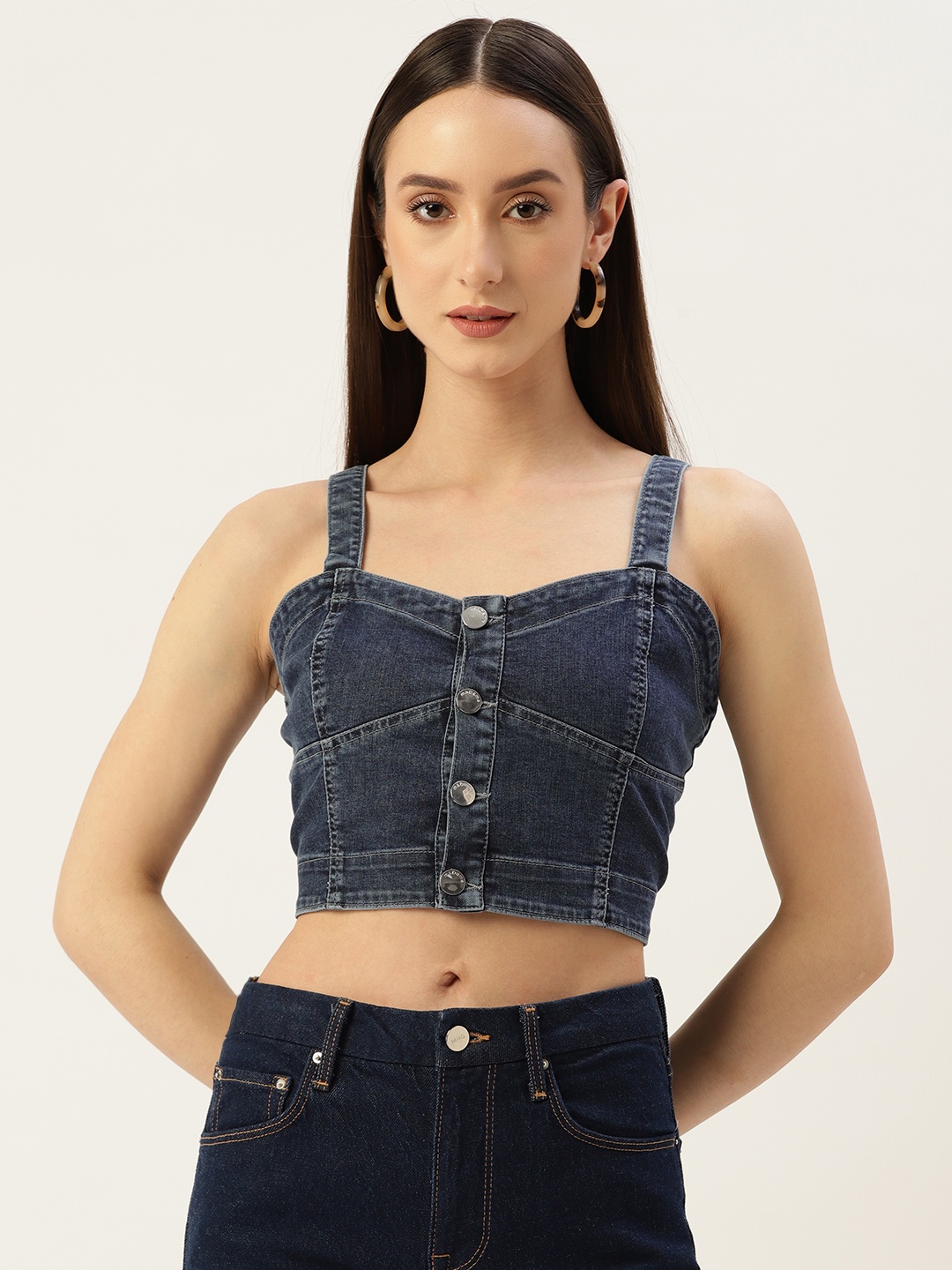 

Madame Indigo Denim Crop Fitted Top, Navy blue