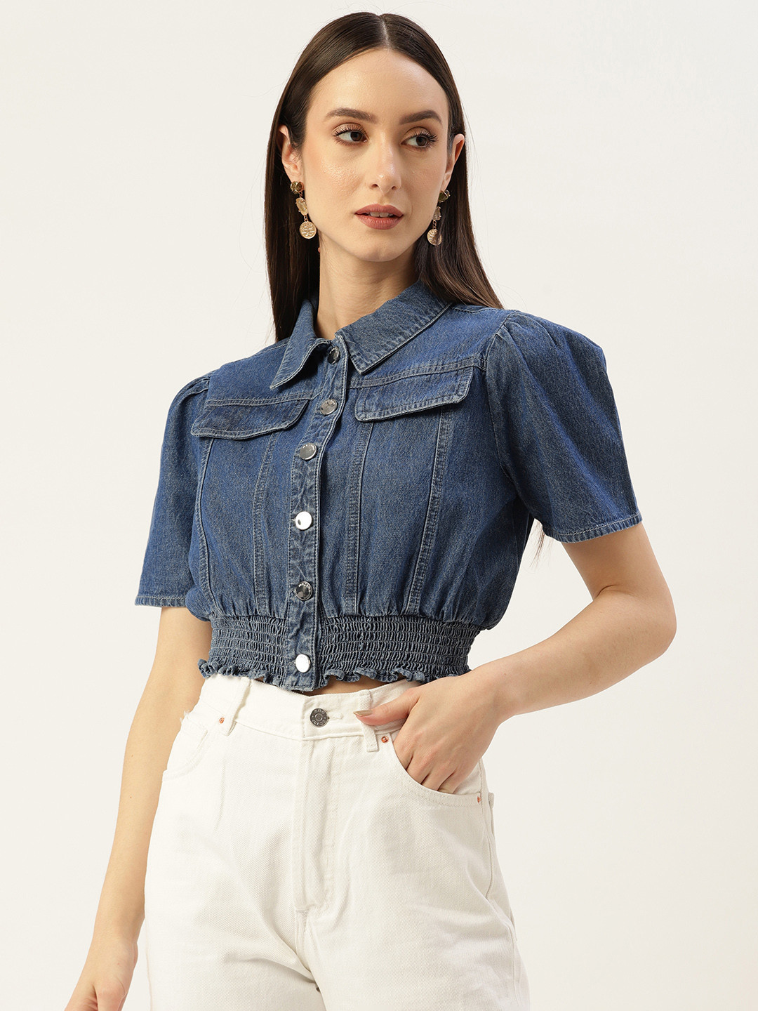 

Madame Pure Cotton Denim Blouson Crop Top, Blue