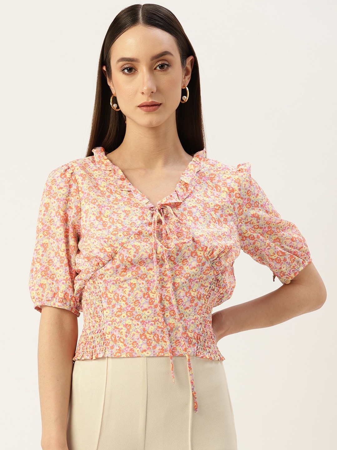 

Madame Floral Print Ruffles Smocked Cinched Waist Top, Orange