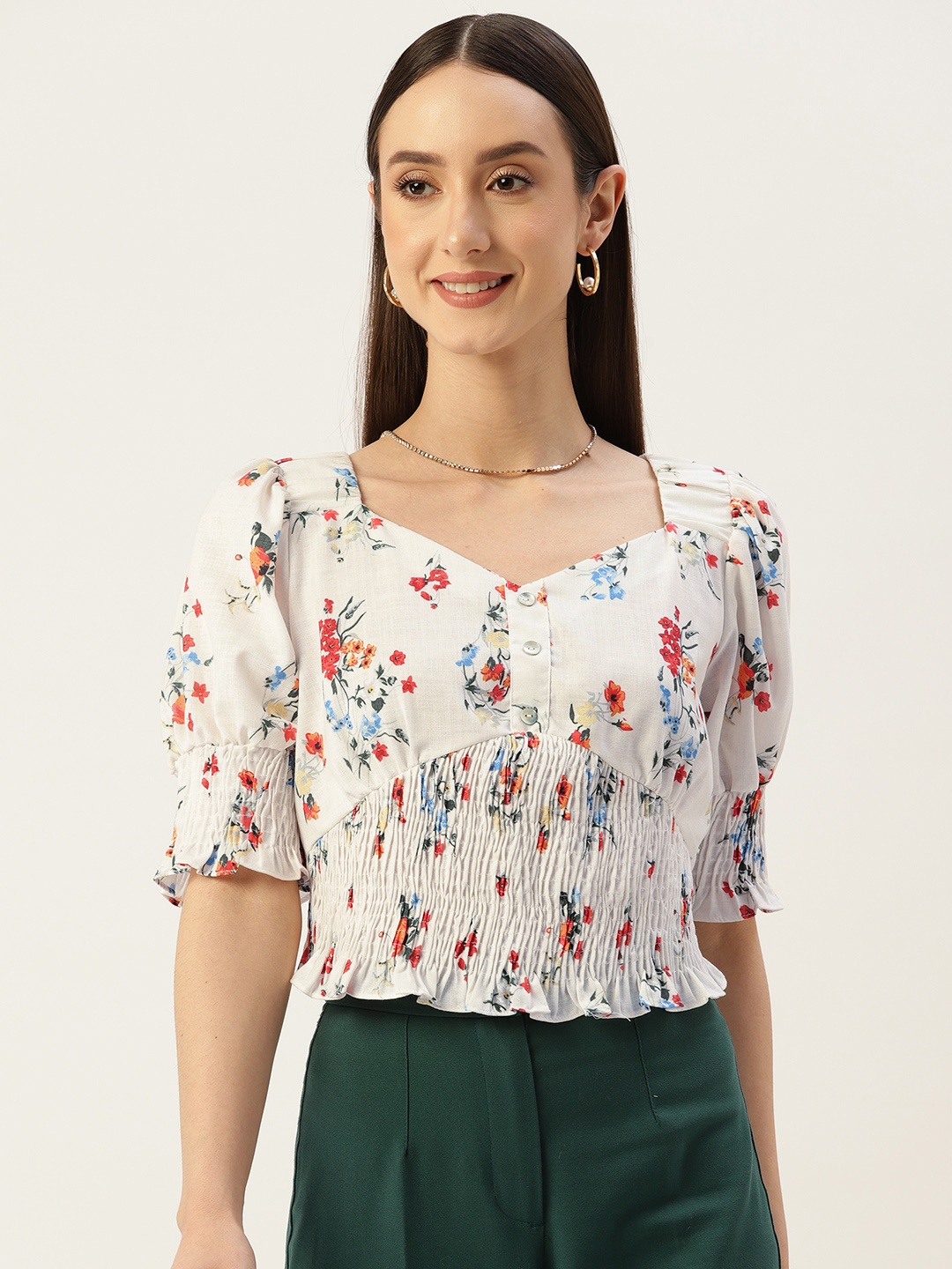 

Madame Floral Print Sweetheart Neck Cinched Waist Crop Top, White