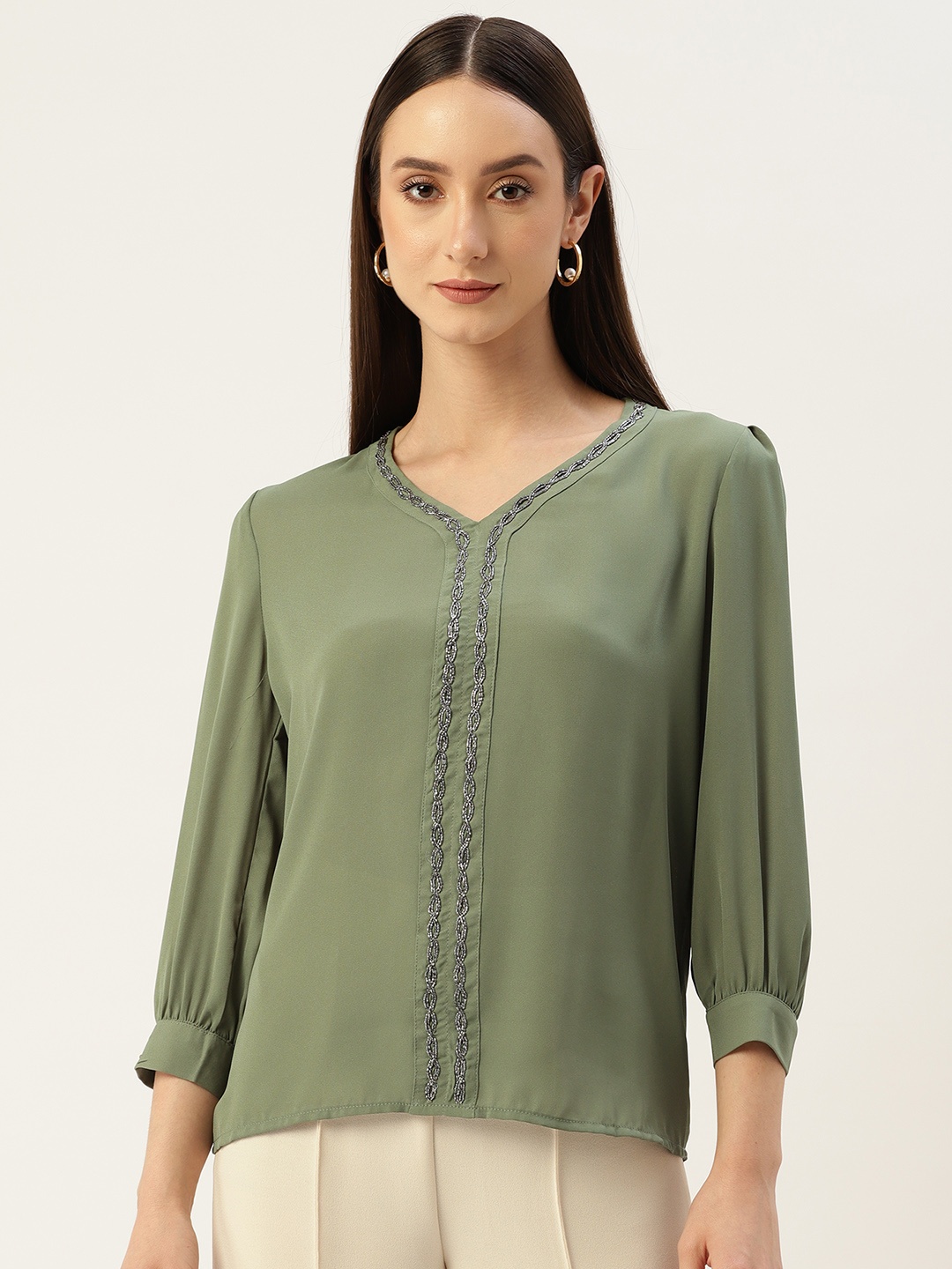 

Madame Sequin Embellished V-Neck Top, Green