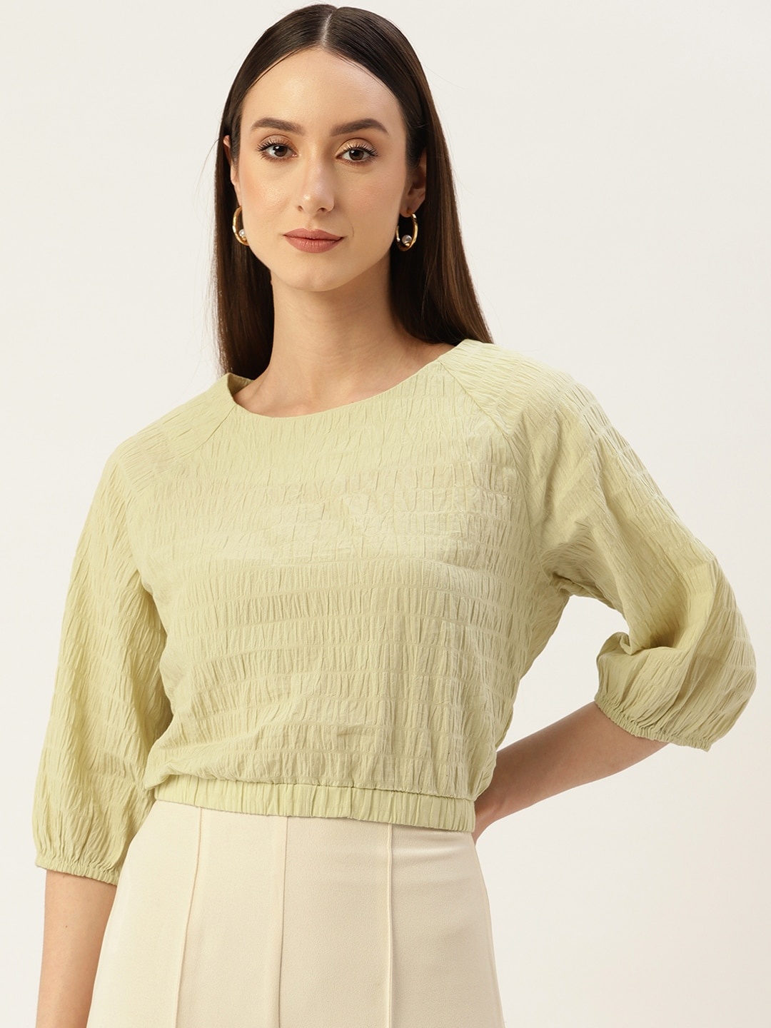 

Madame Seersucker Cut-out Detail Blouson Top, Lime green