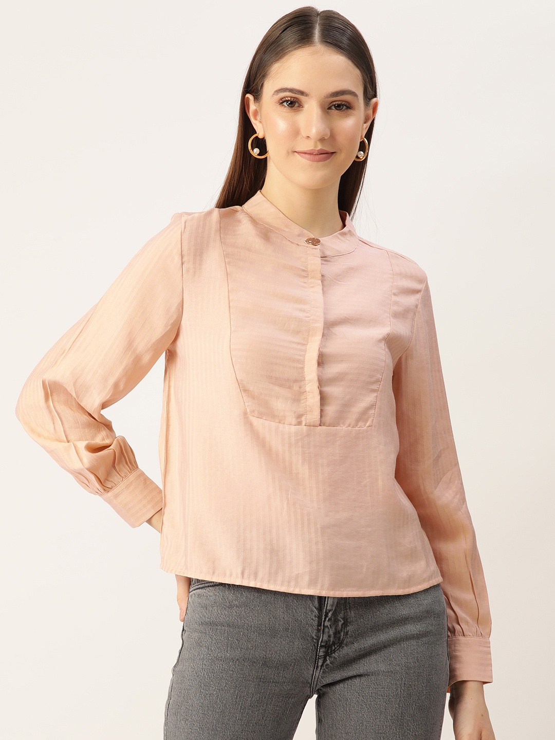 

Madame Self-Striped Band Collar Shirt Style Top, Rose