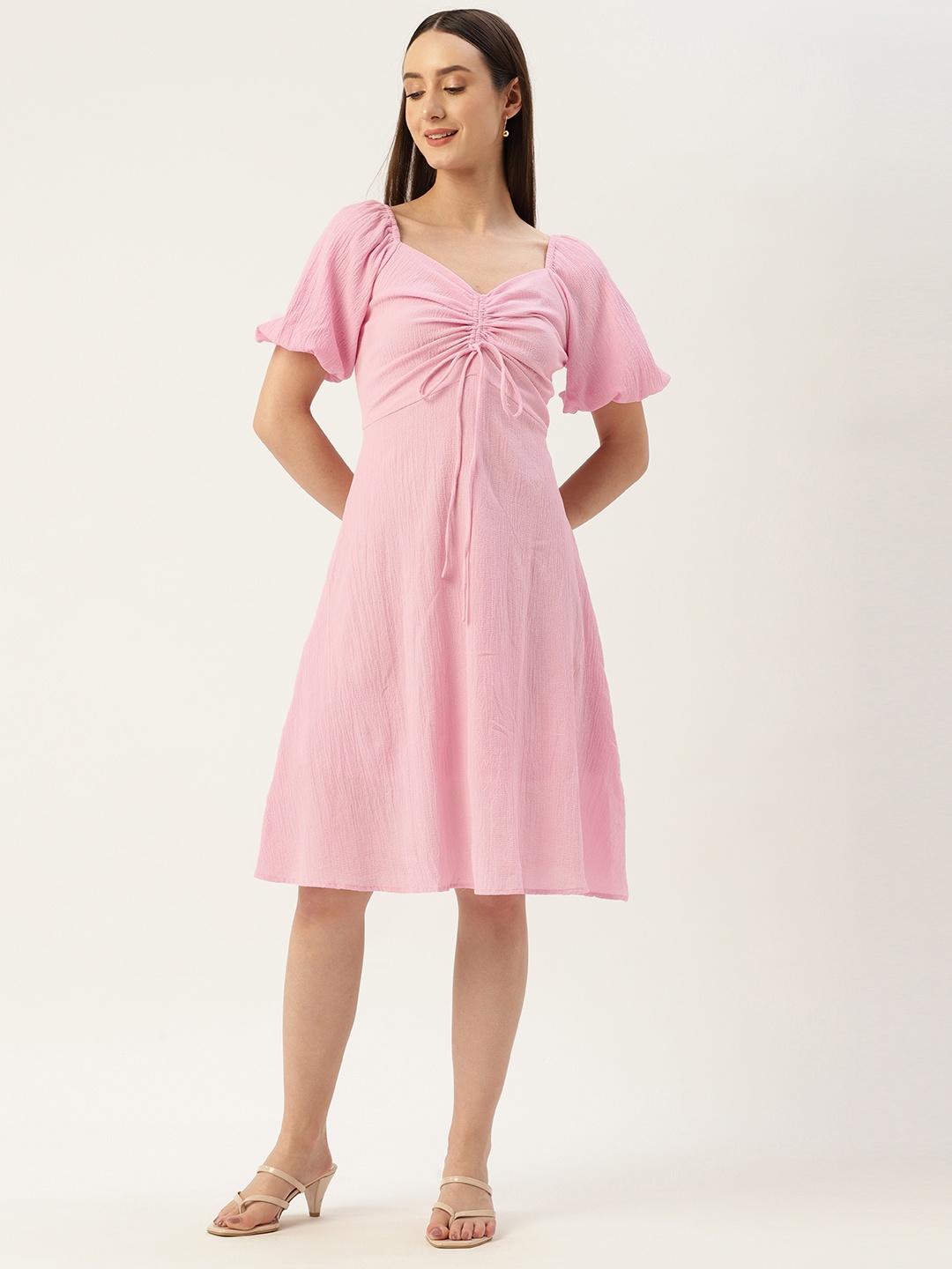 

Madame Solid Ruched A-Line Dress, Pink