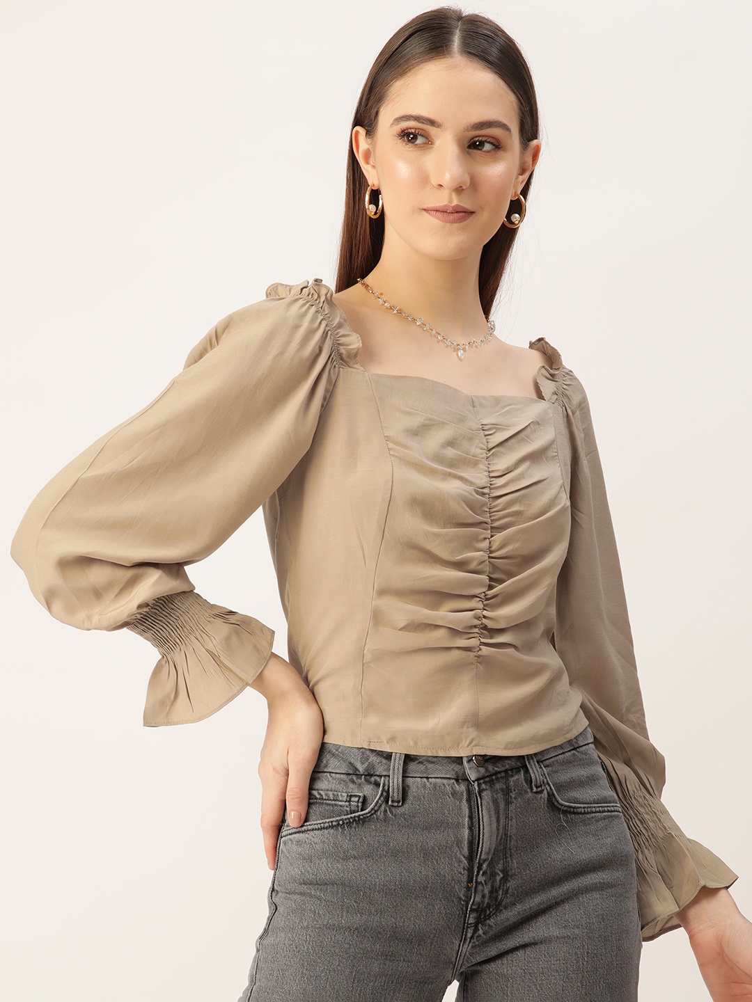 

Madame Ruched Smocked Ruffle Bell Sleeves Top, Beige