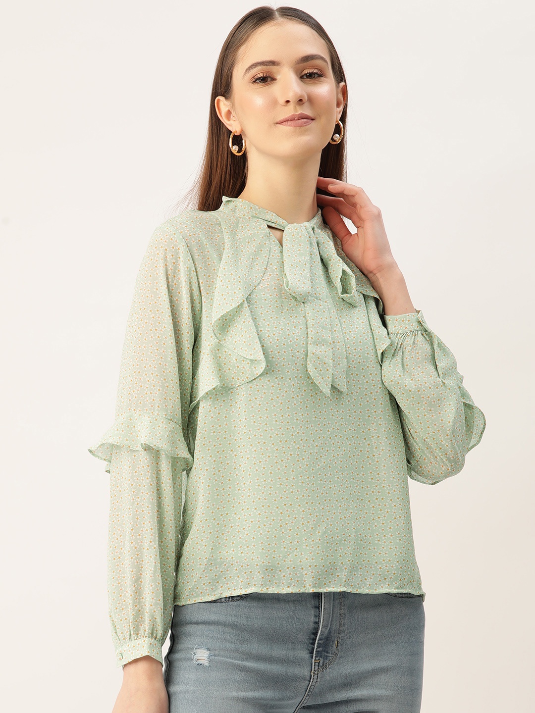 

Madame Floral Print Tie-Up Neck Ruffles Top, Green