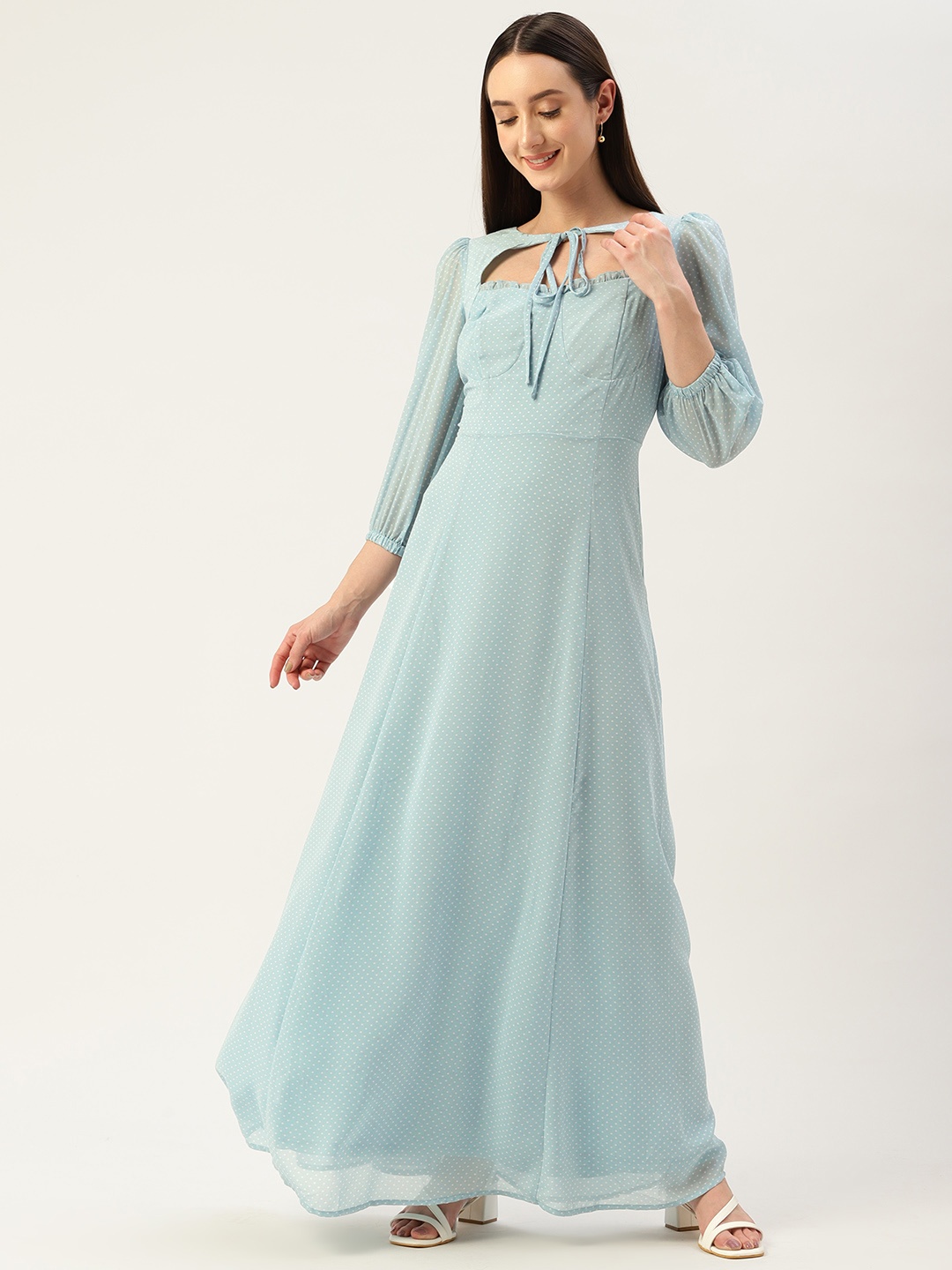 

Madame Dotted Print Tie-Up Neck Maxi Dress, Blue