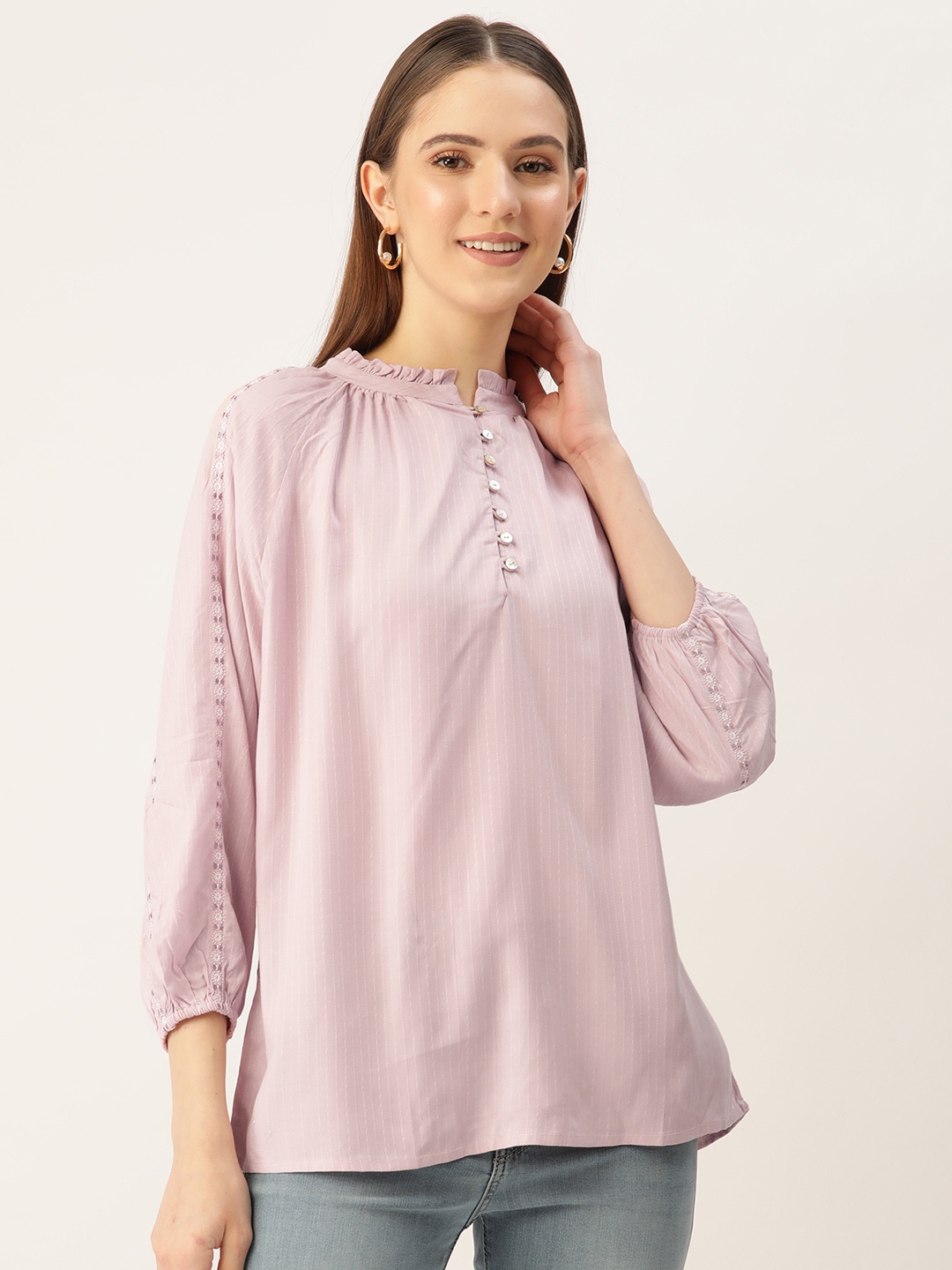 

Madame Self Striped Floral Embroidered Mandarin Collar Top, Lavender