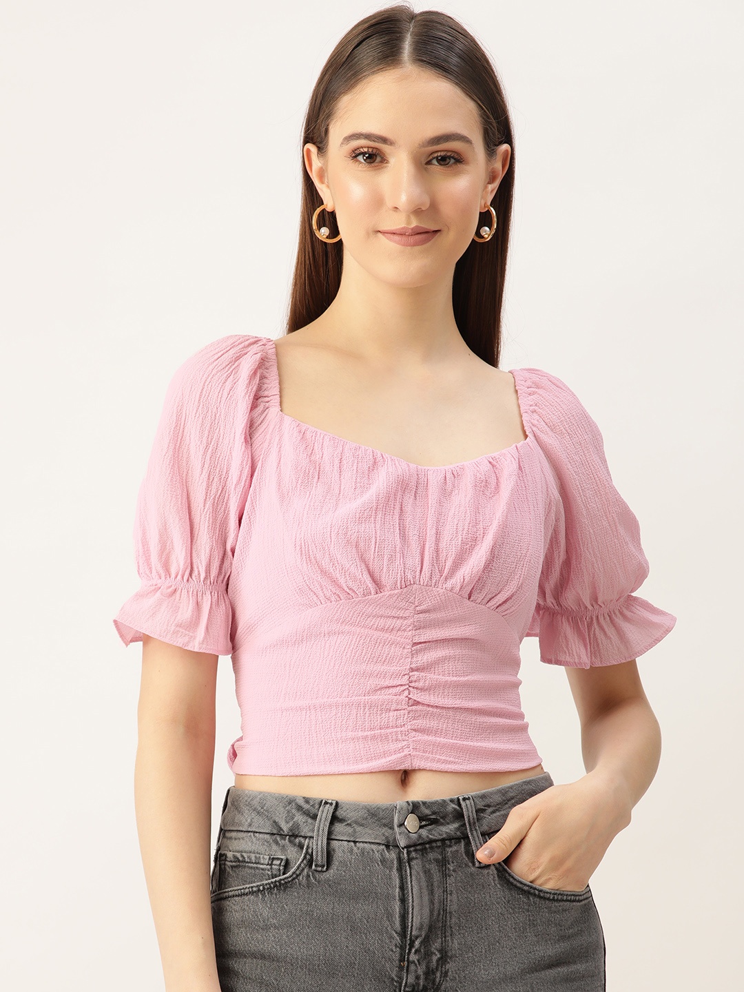 

Madame Textured Styled Back Crop Top, Pink