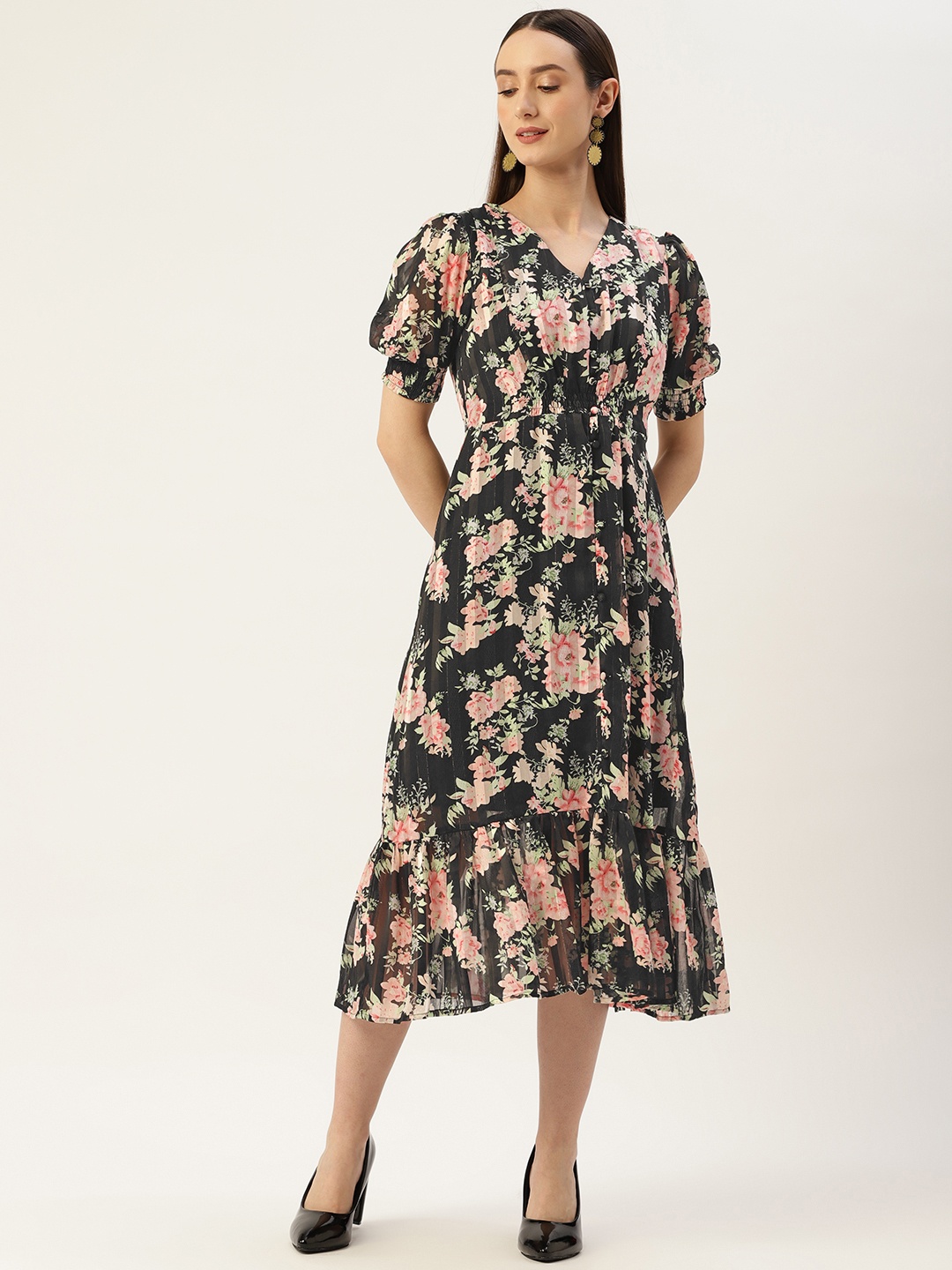 

Madame Floral Print A-Line Midi Dress, Black