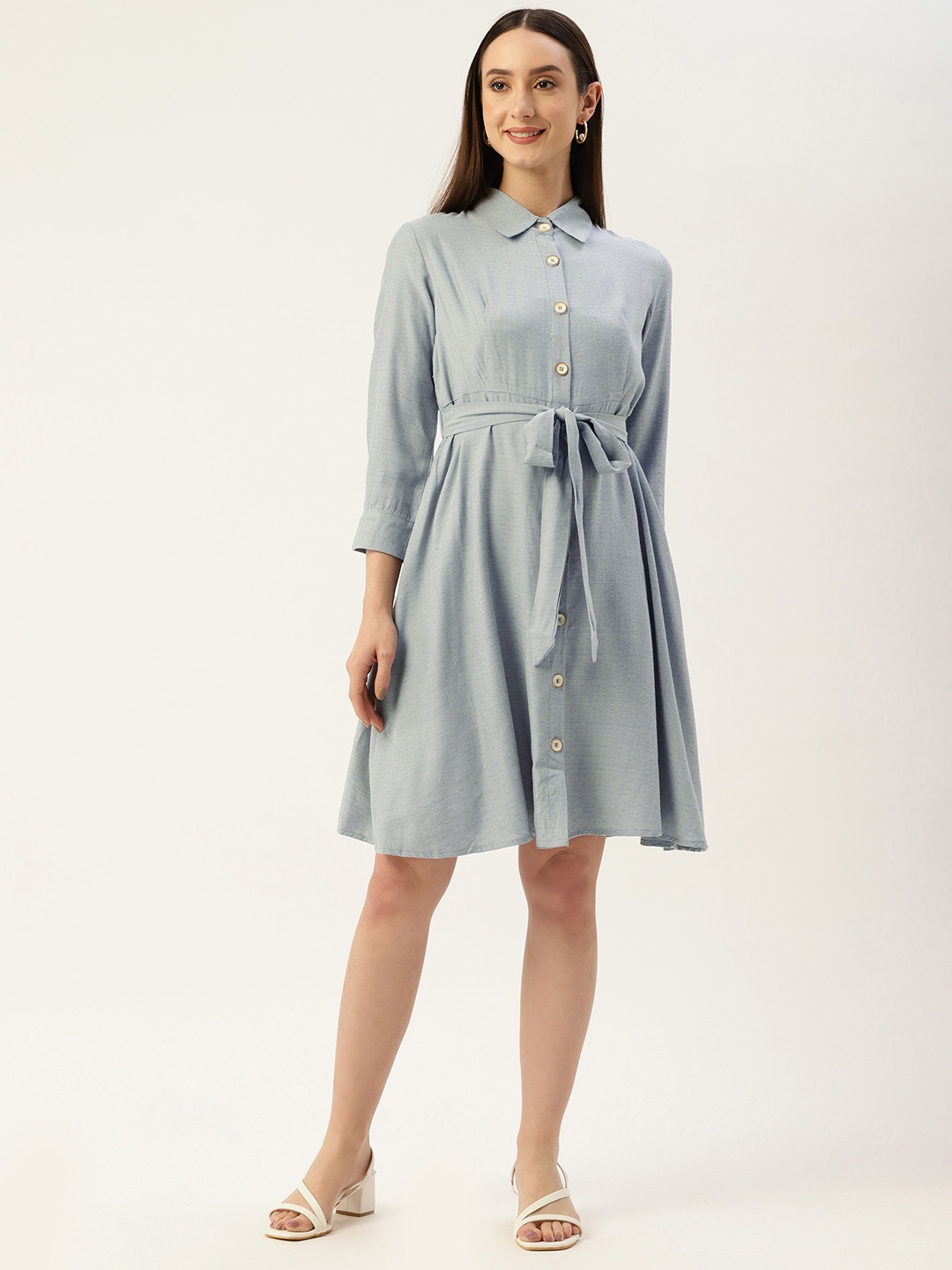 Madame Shirt Style Dress with Belted Detail, Blue
