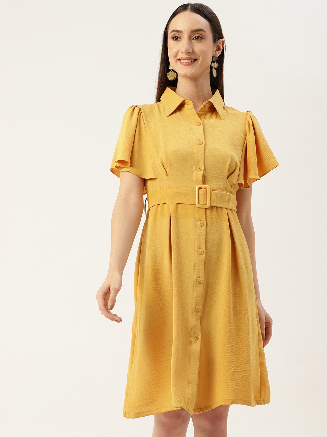 

Madame Yellow Shirt Style Dress with Belt, Mustard