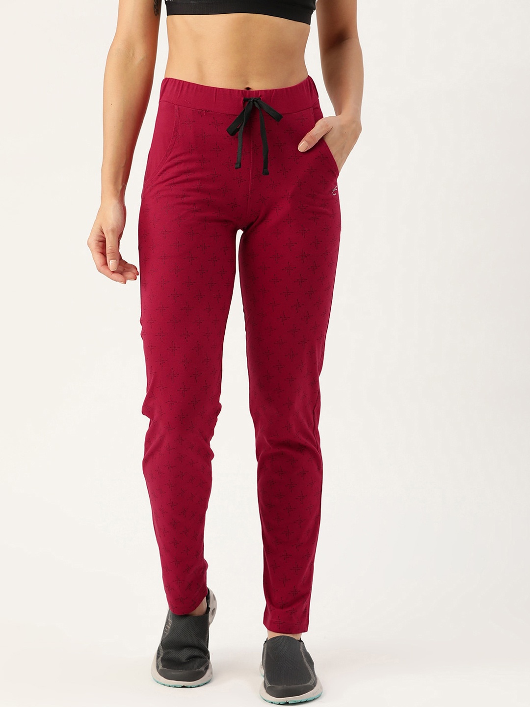 

FEMEA Women Printed Cotton Straight-Fit Track Pants, Maroon