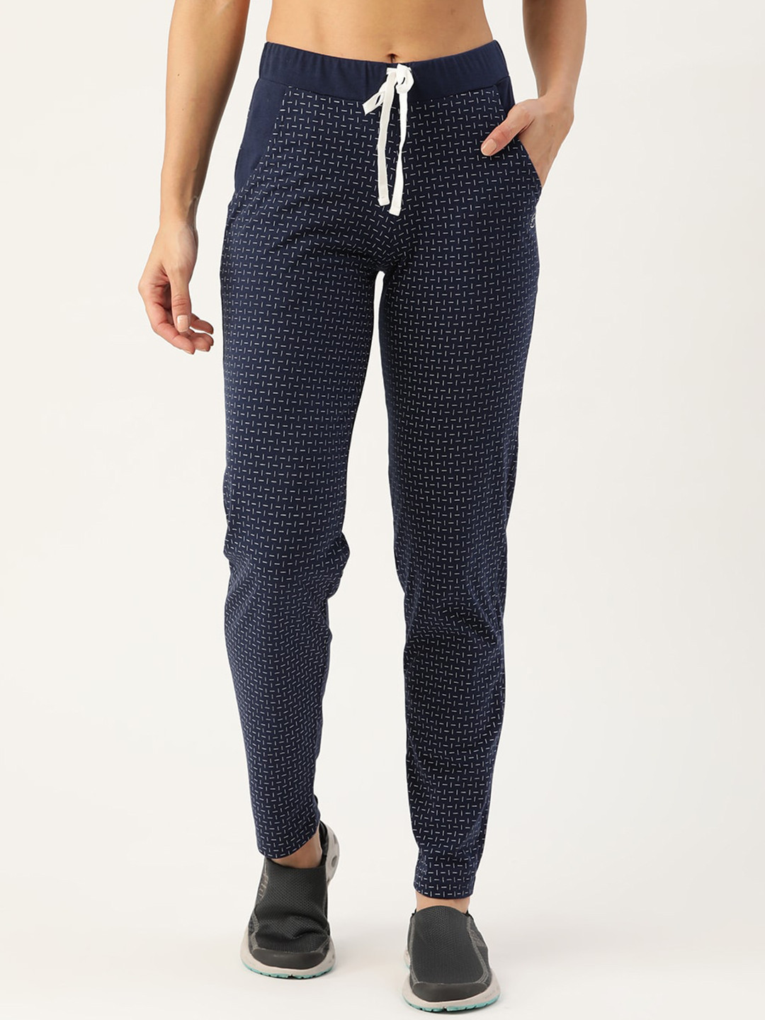

FEMEA Women Printed Cotton Straight-Fit Track Pants, Navy blue