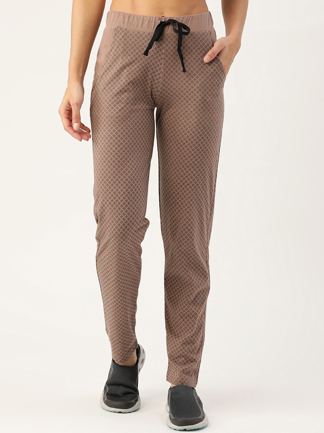 

FEMEA Women Printed Cotton Straight-Fit Track Pants, Coffee brown