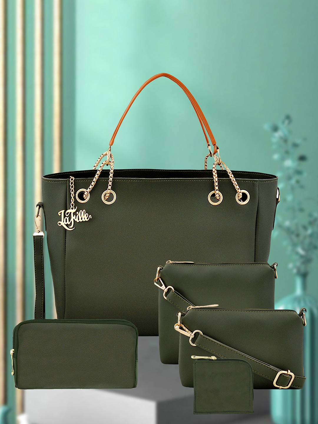 

LaFille Set Of 5 Structured Bags, Green