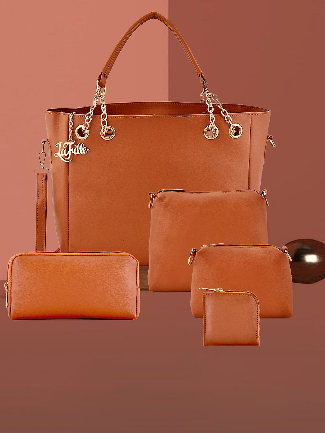 

LaFille Pack of 5 Structured Handheld Bag, Tan