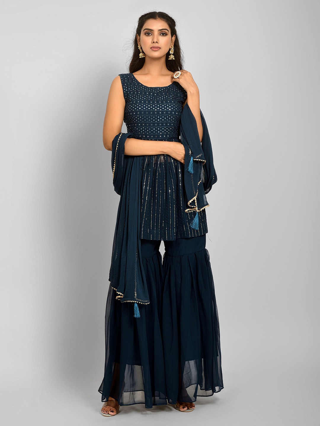 

ASPORA Women Leheriya Embroidered Empire Sequinned Kurti with Sharara & Dupatta, Turquoise blue
