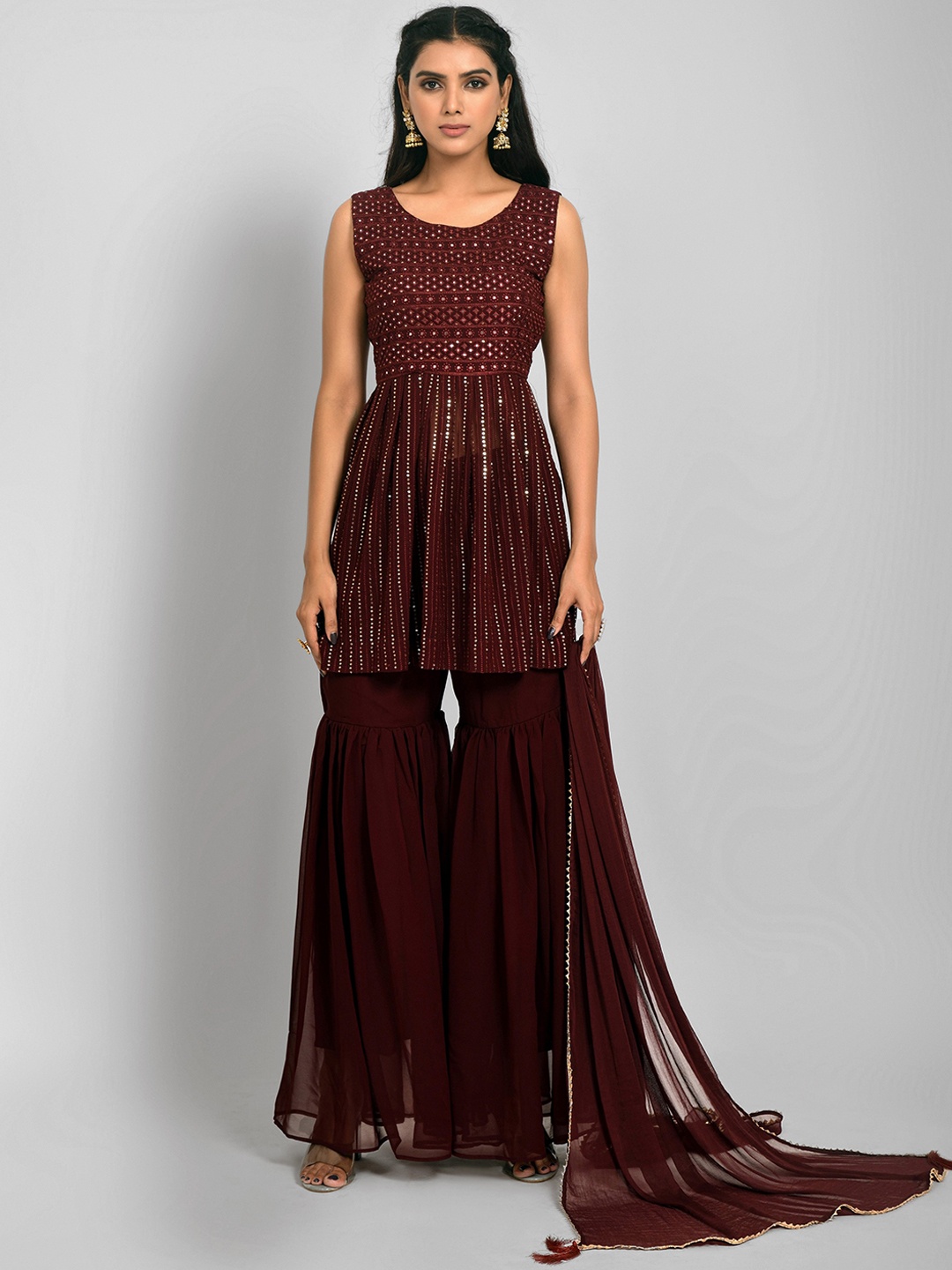 

ASPORA Women Embroidered Empire Sequinned Kurti with Sharara & Dupatta, Brown