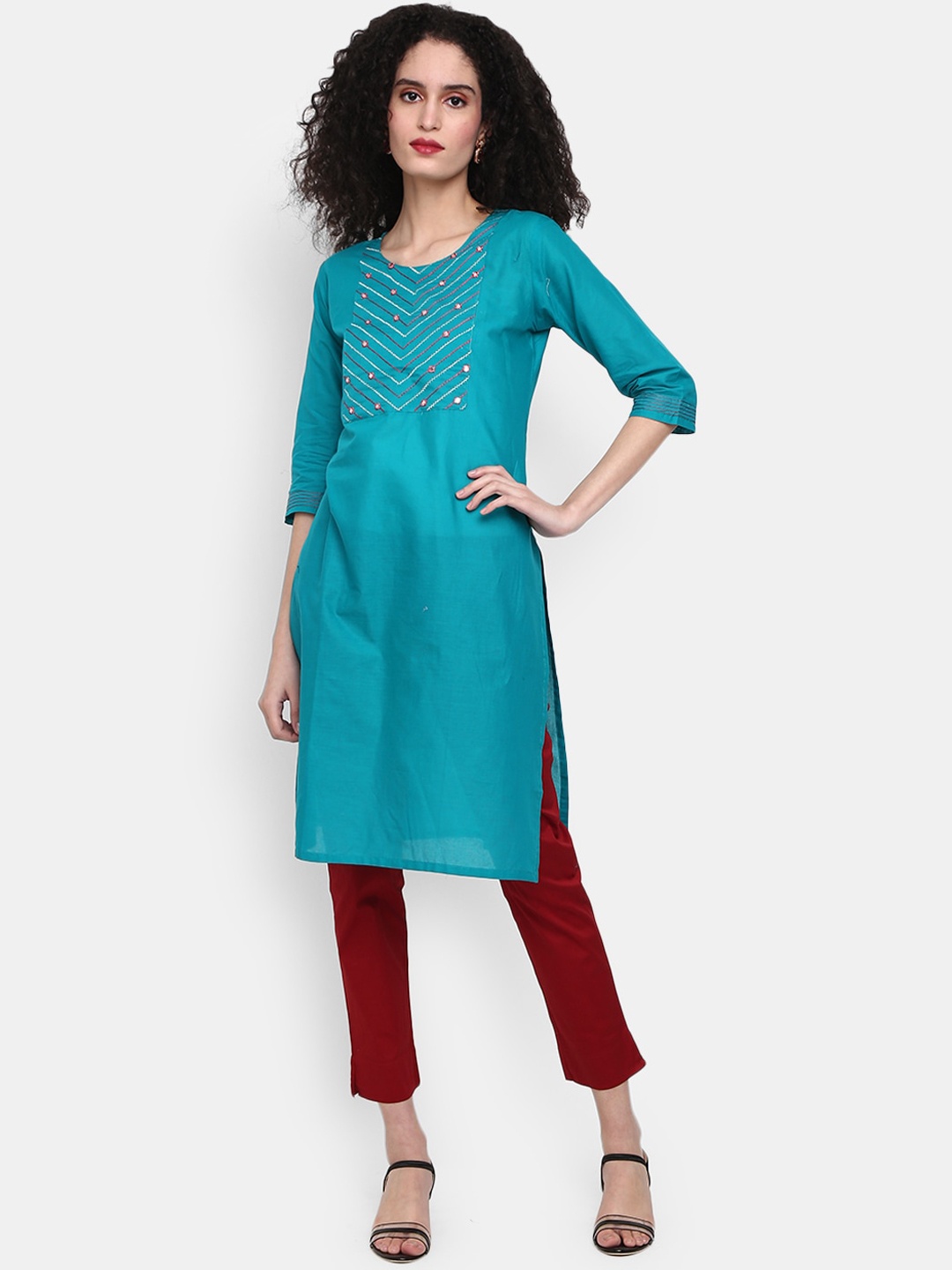 

V-Mart Women Round Neck Thread Work Cotton Kurta, Turquoise blue