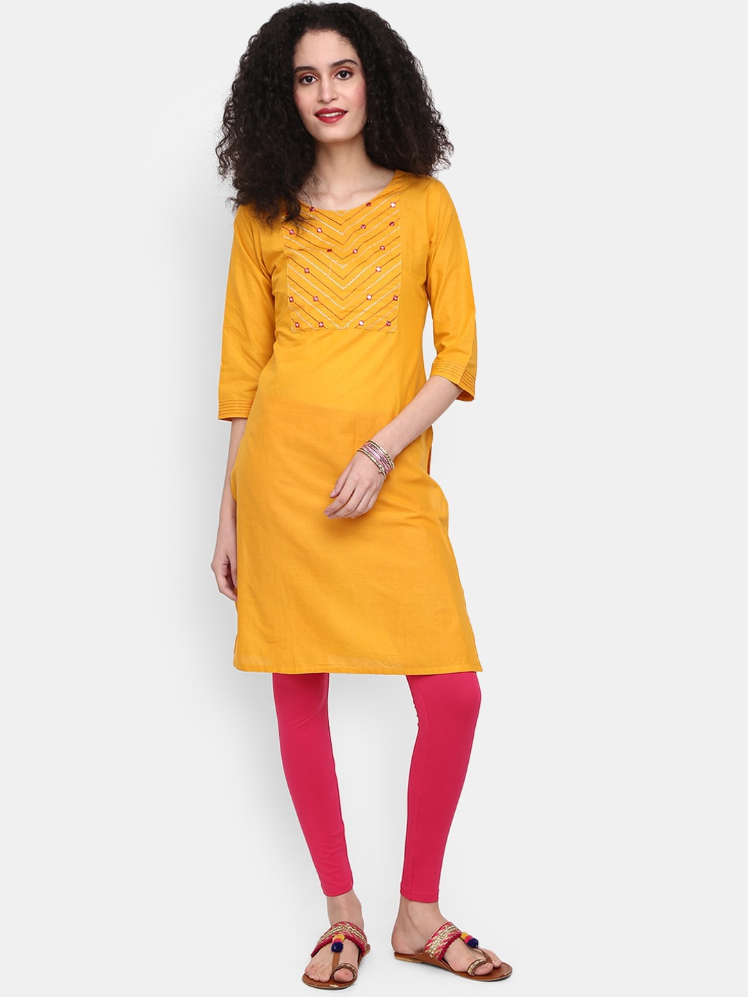 

V-Mart Women Round Neck Thread Work Cotton Kurta, Mustard