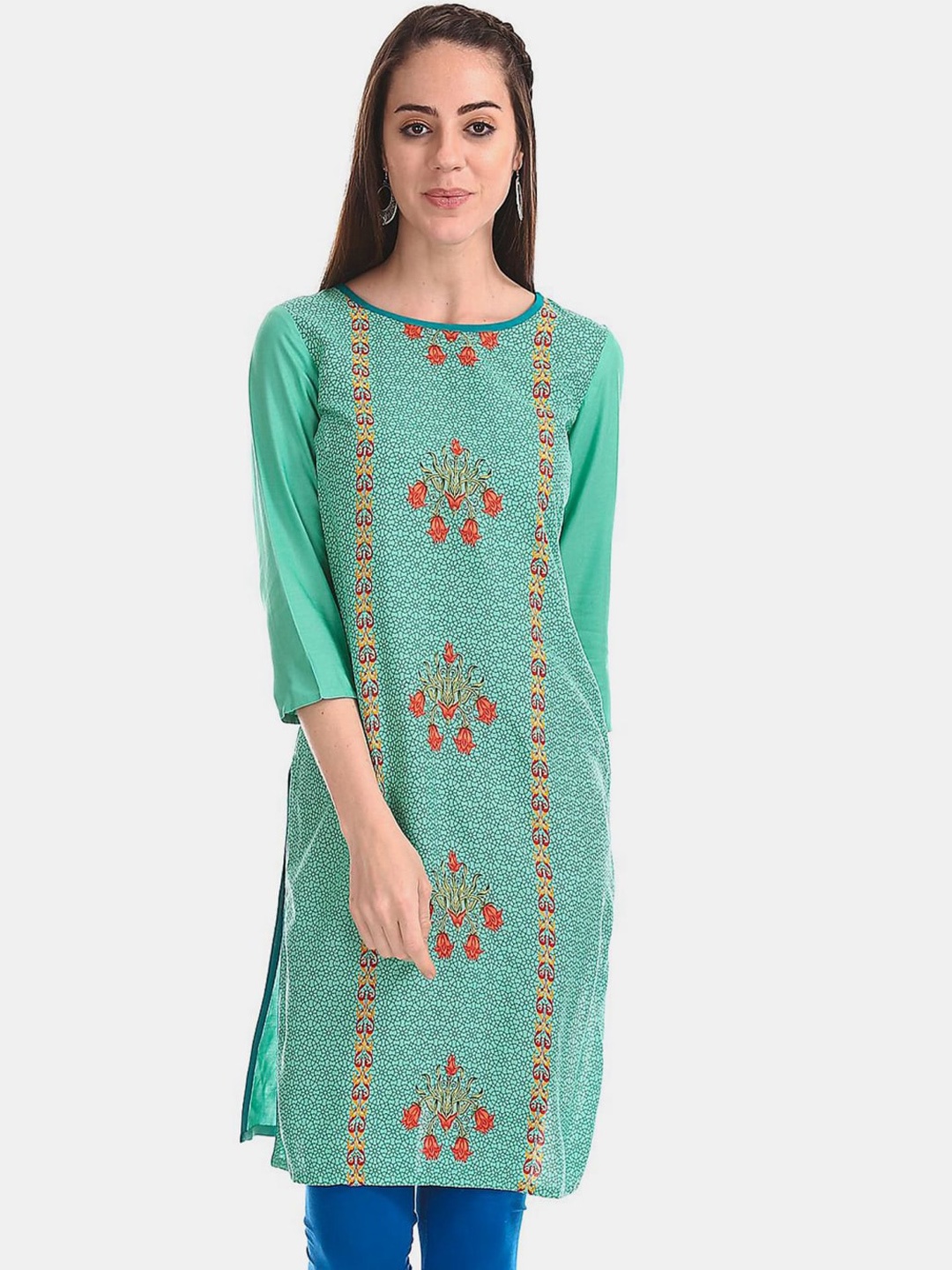 

V-Mart Women Floral Printed Round Neck Kurta, Green