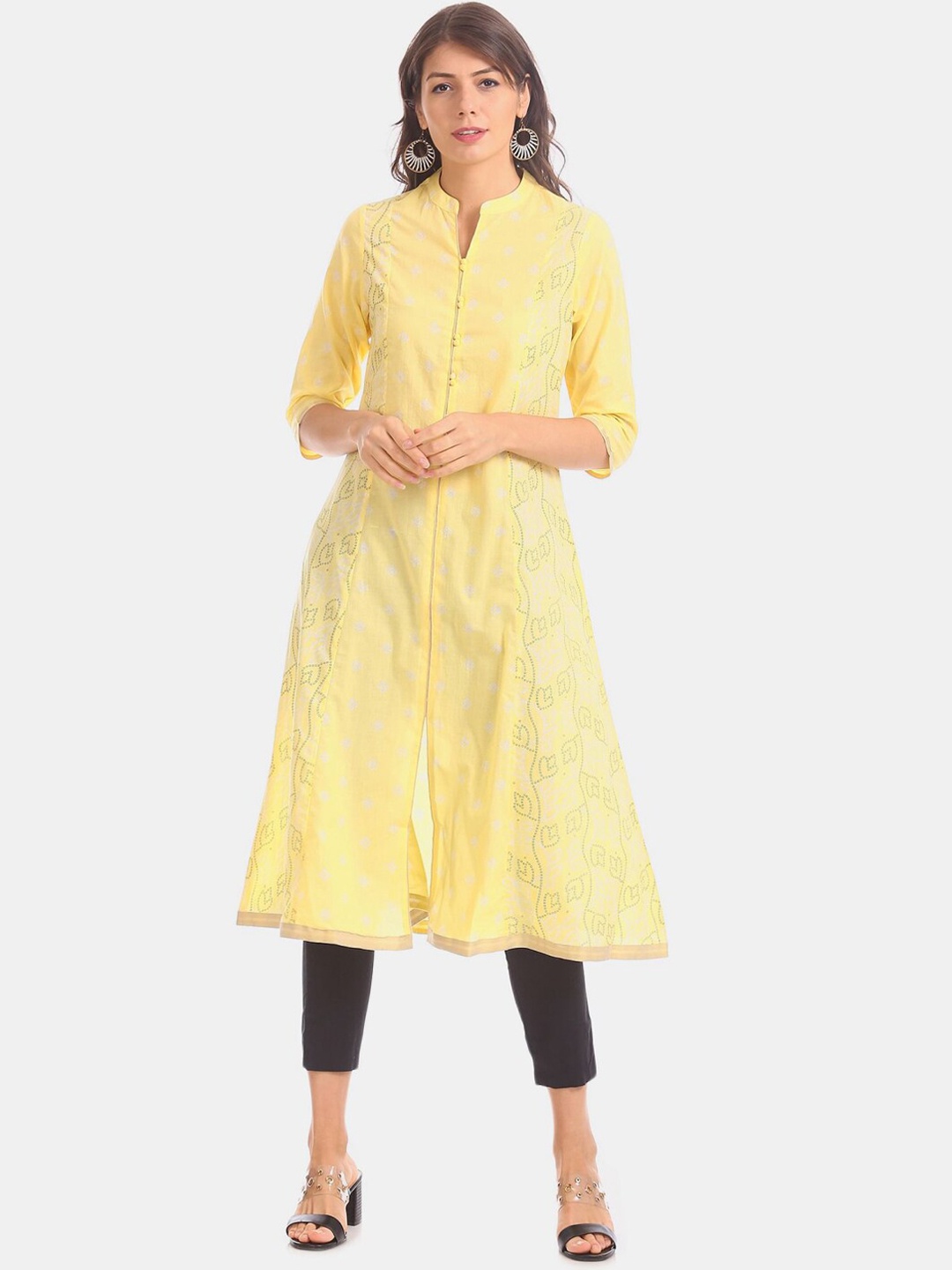 

V-Mart Band Collar Ethnic Printed Mandarin Collar Cotton Straight Kurta, Yellow