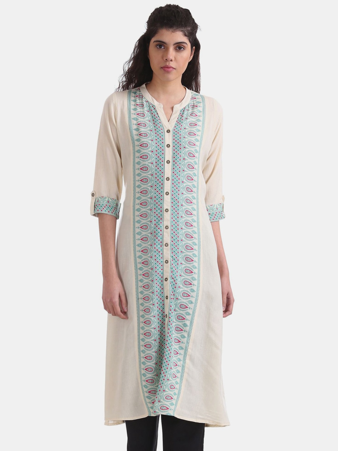 

V-Mart Women White Ethnic Motifs Printed Cotton Kurta, Off white