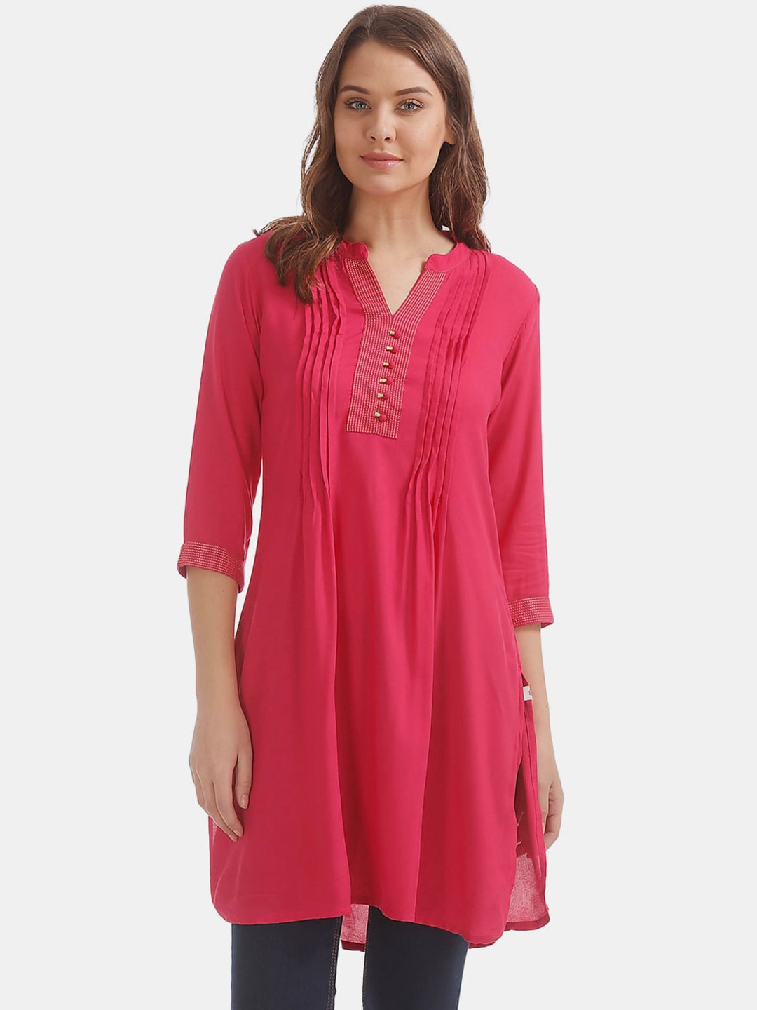 

V-Mart Women Pleated Thread Work Mandarin Collar Cotton Kurta, Pink