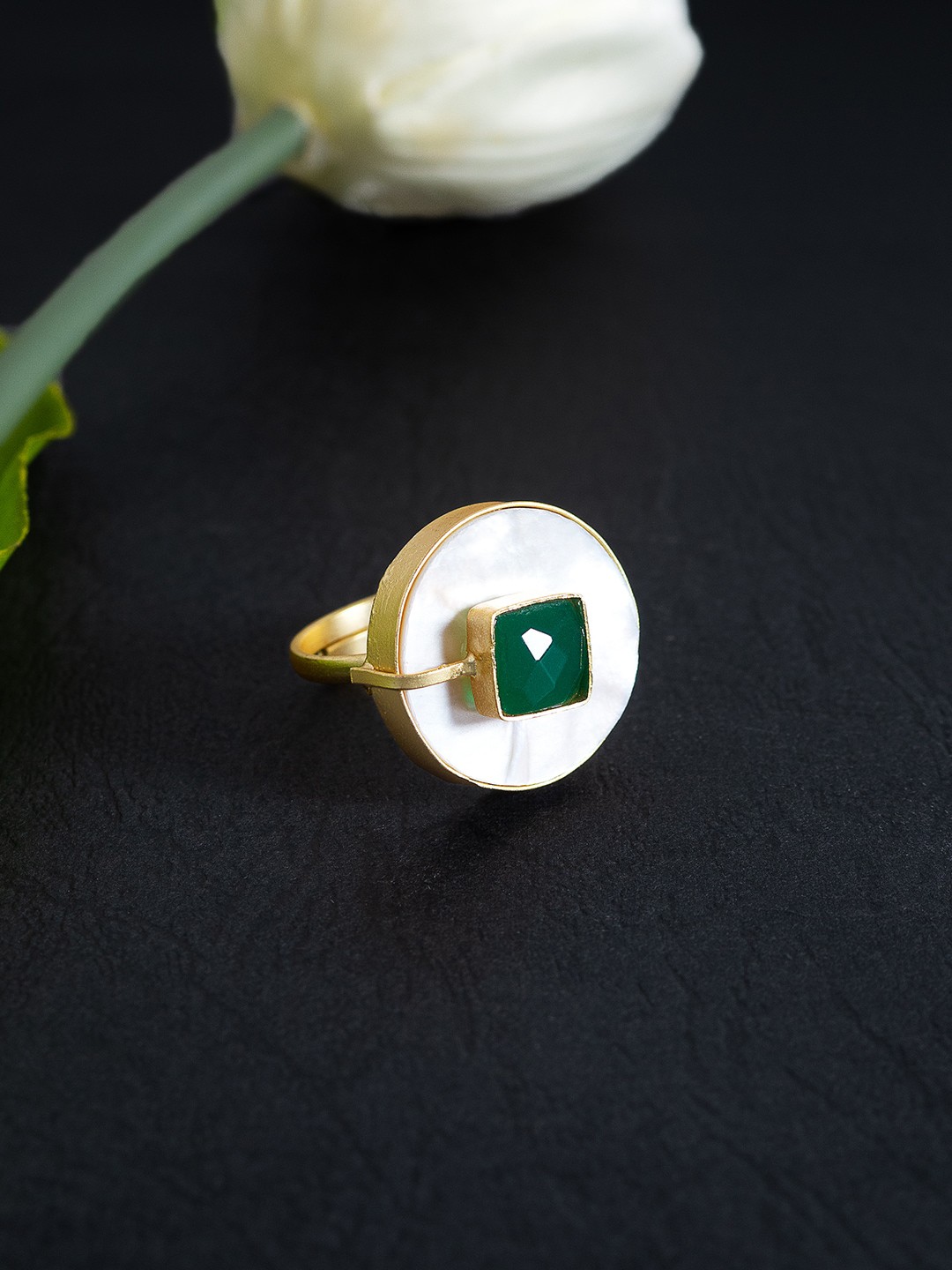 

Golden Peacock Gold-Plated Stone Studded Adjustable Finger Ring, Green