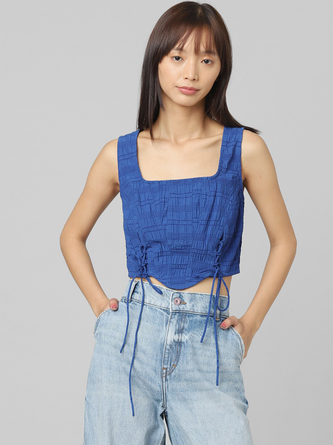 

ONLY Self Design Square Neck Crop Top, Blue