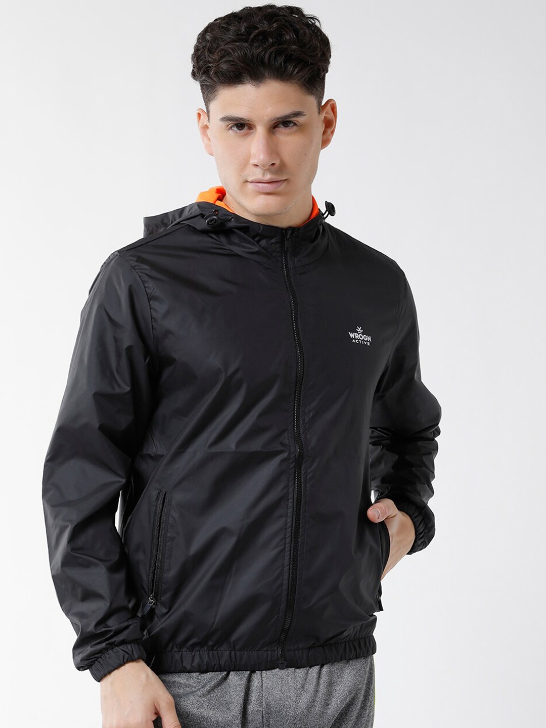 

WROGN Men Hooded Sporty Jacket, Black