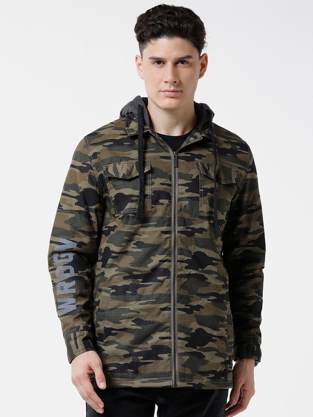 

WROGN Men Camouflage Hooded Cotton Bomber Jacket, Olive